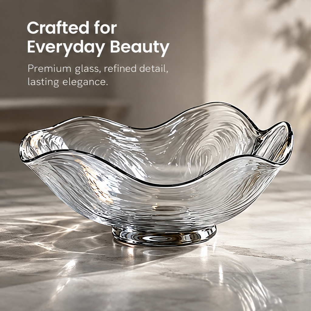 Empty wave-rimmed glass bowl in sunlight beneath Crafted for Everyday Beauty.
