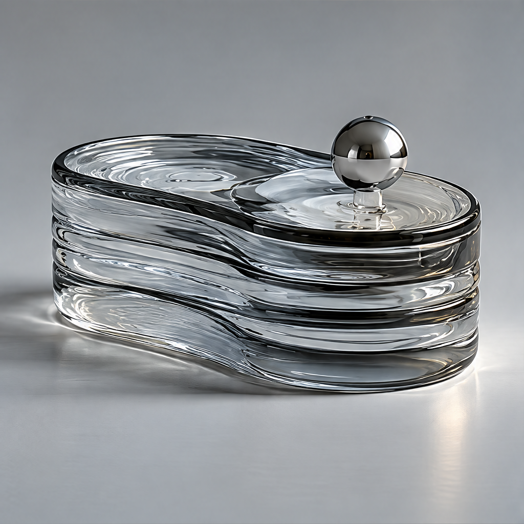 TRENDOI jewelry box with transparent wave-like curves, a fitted lid and silver-tone sphere knob on gray.