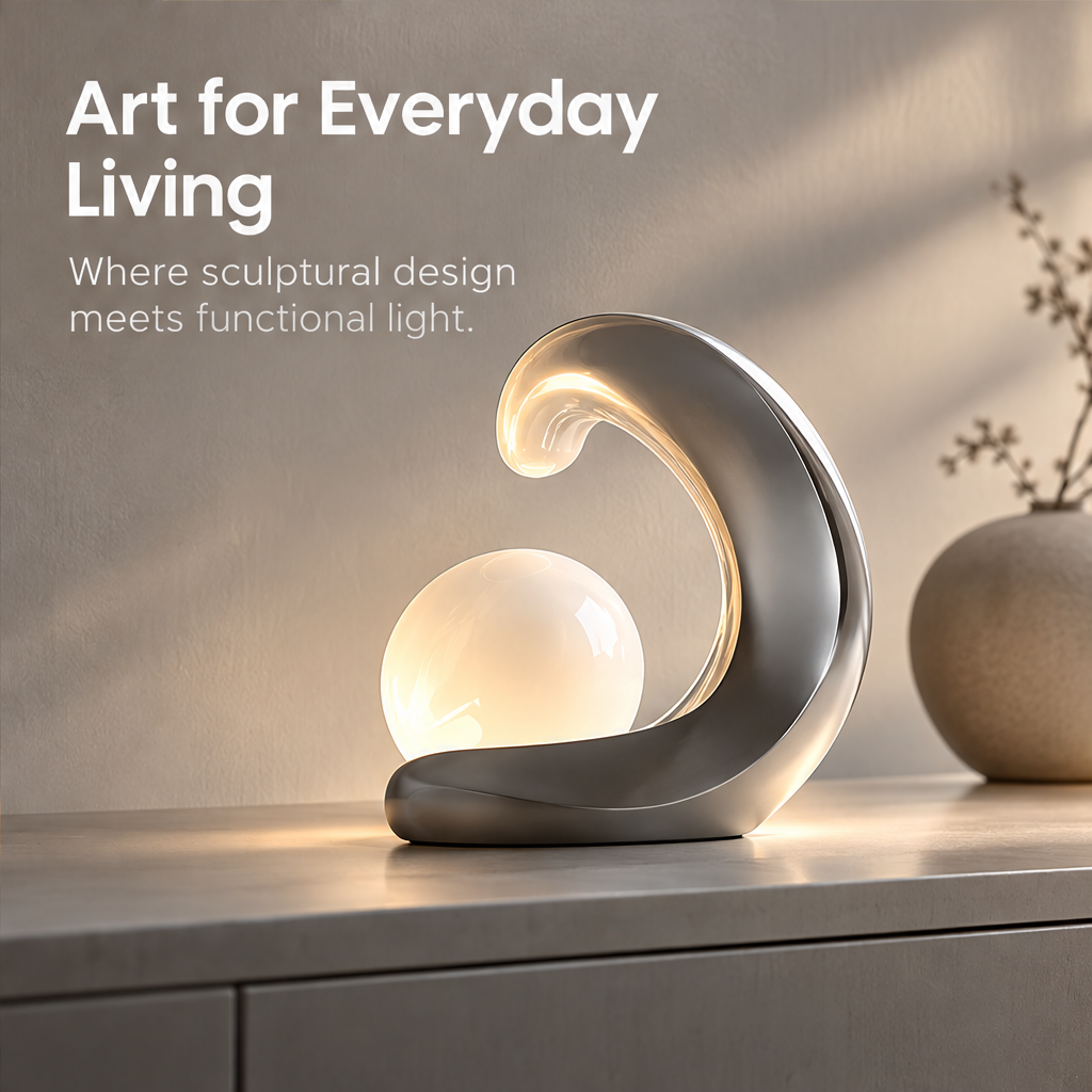 Sculptural table lamp styled on a console beside a vase, with the headline Art for Everyday Living.