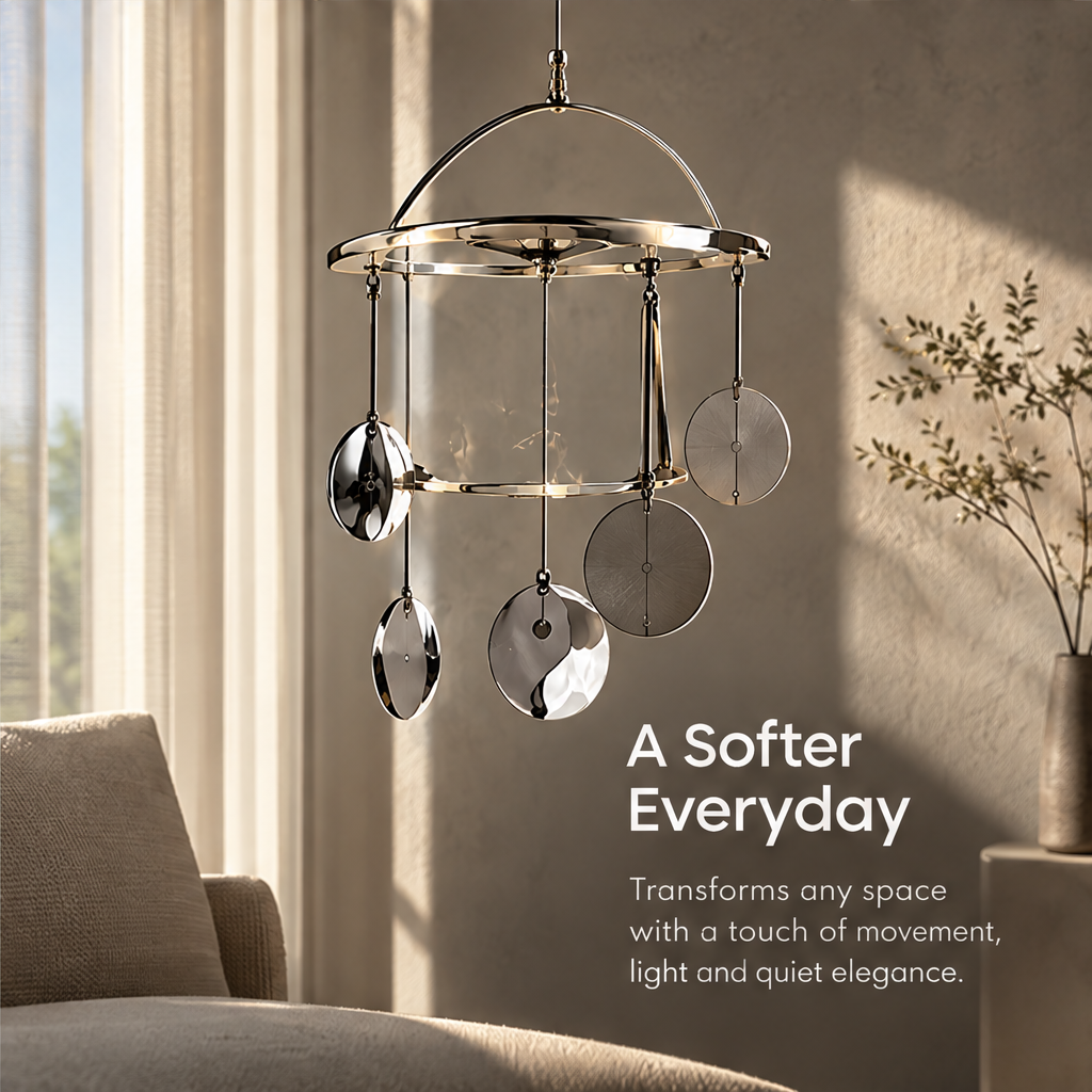 Reflective hanging mobile styled beside a living room window beneath A Softer Everyday.