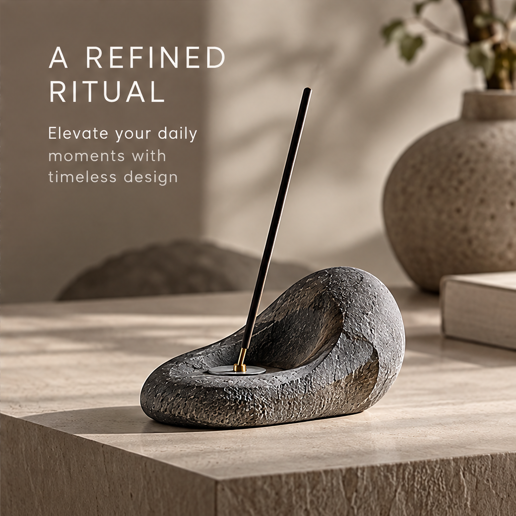 Stone incense holder styled on a tabletop beside a vase beneath A Refined Ritual.