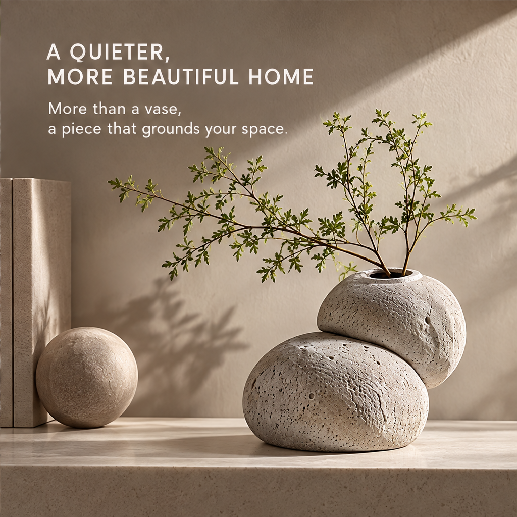 Sculptural vase styled beside books and a decorative sphere beneath A Quieter, More Beautiful Home.