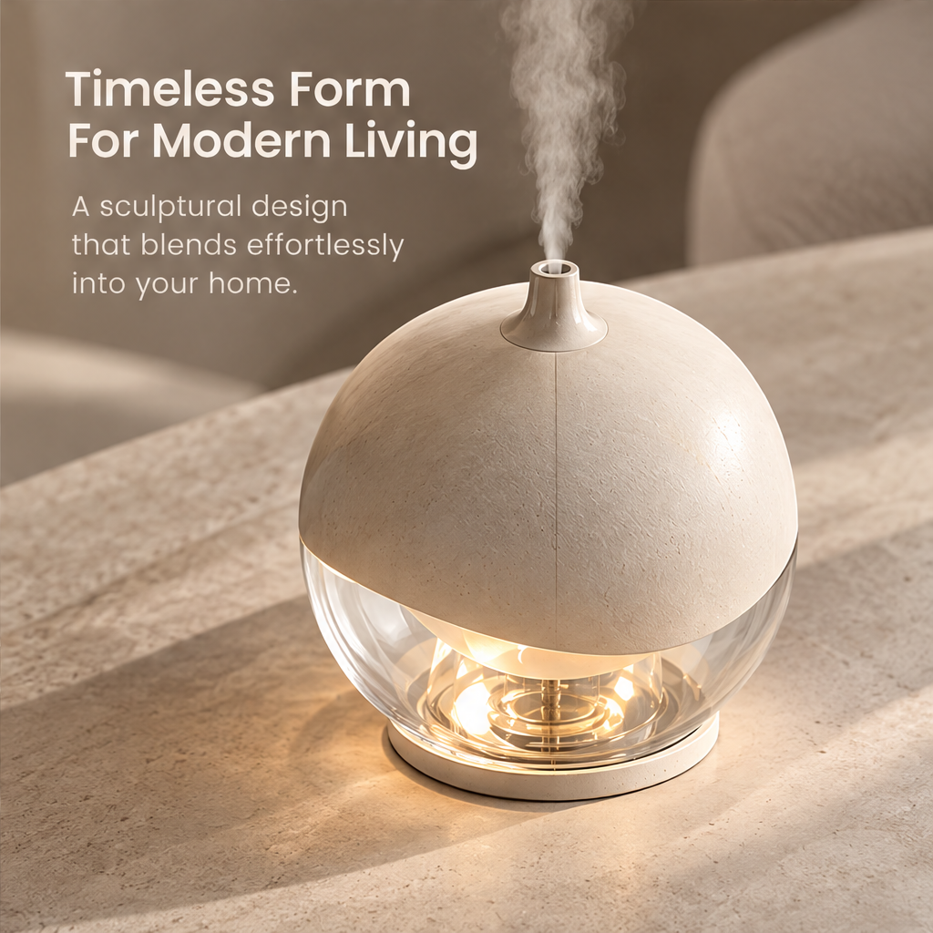 Overhead angled view of the glowing humidifier beneath Timeless Form for Modern Living.