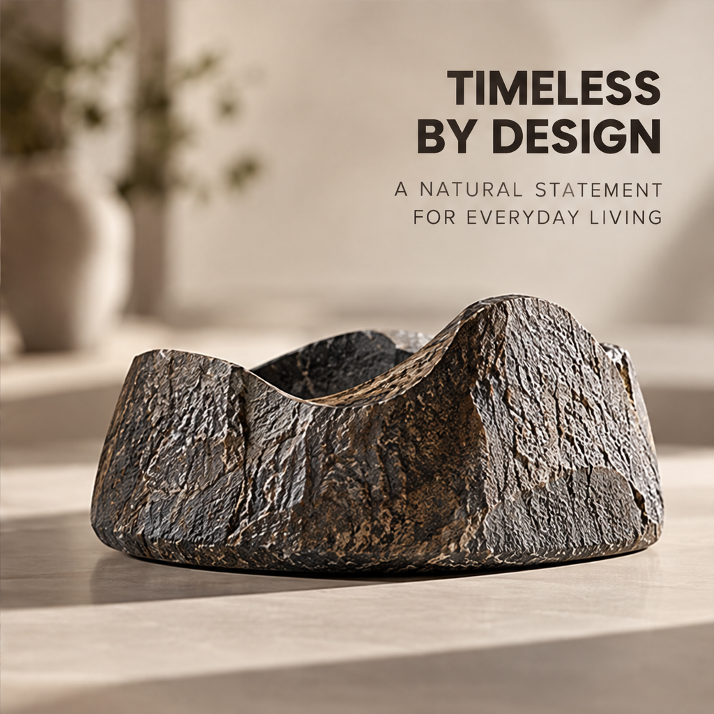 Low side view of the decorative bowl's textured exterior beneath Timeless by Design.