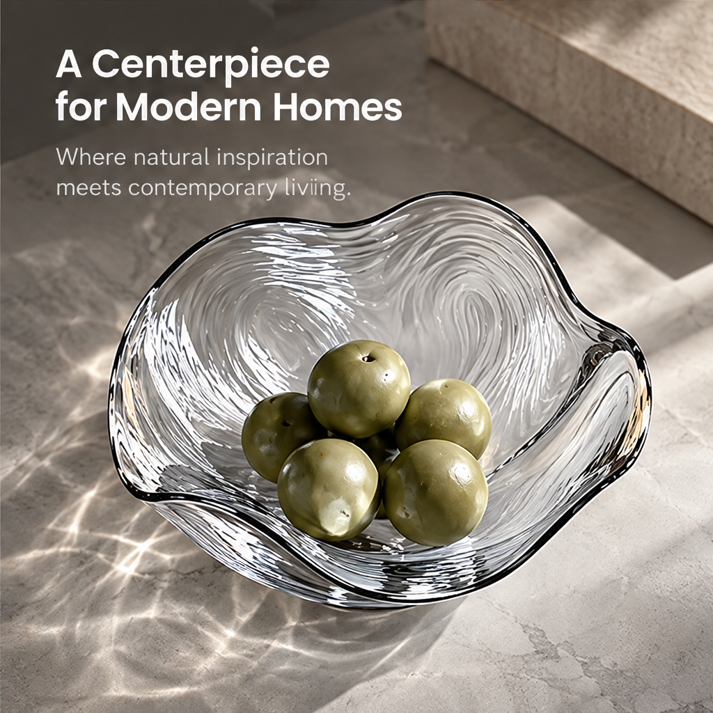 Overhead view of the rippled glass bowl holding green fruit beneath A Centerpiece for Modern Homes.