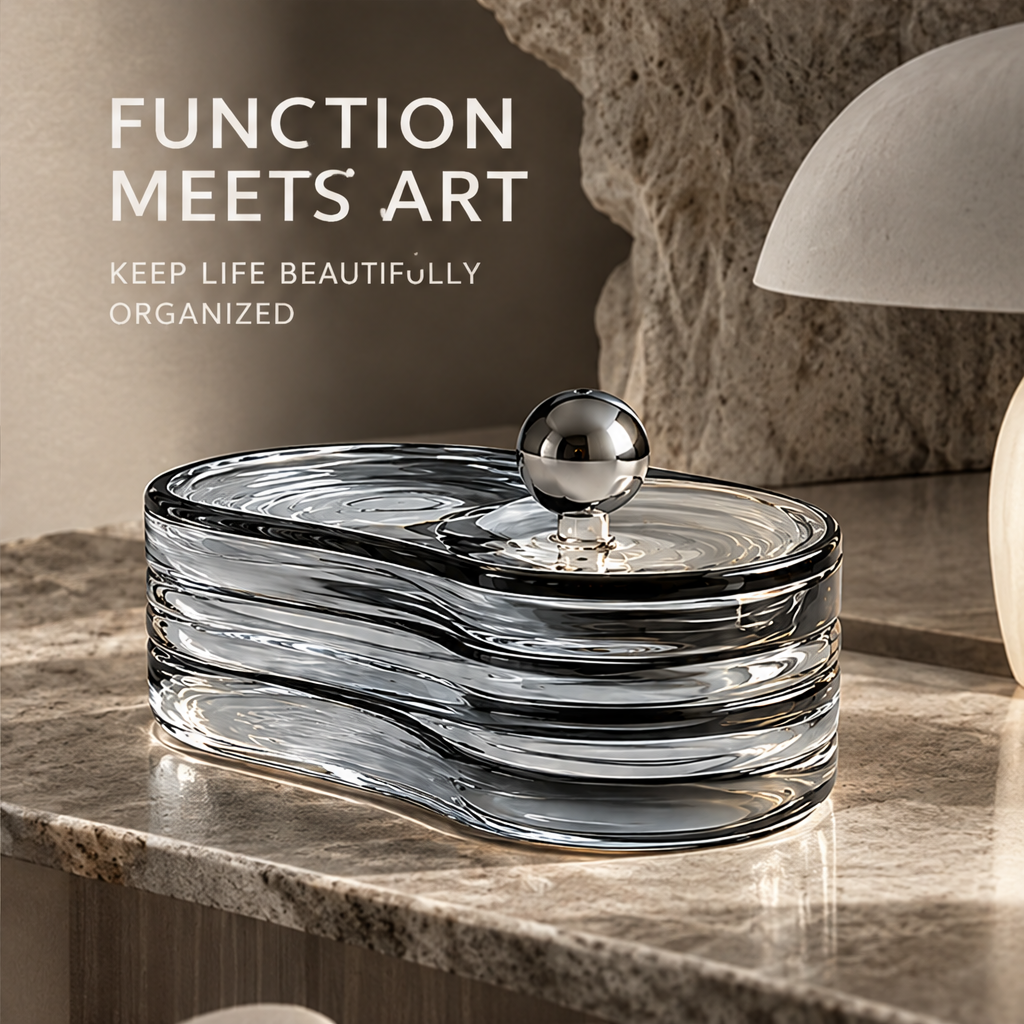 Decorative lidded jewelry box styled beside a lamp beneath the headline Function Meets Art.