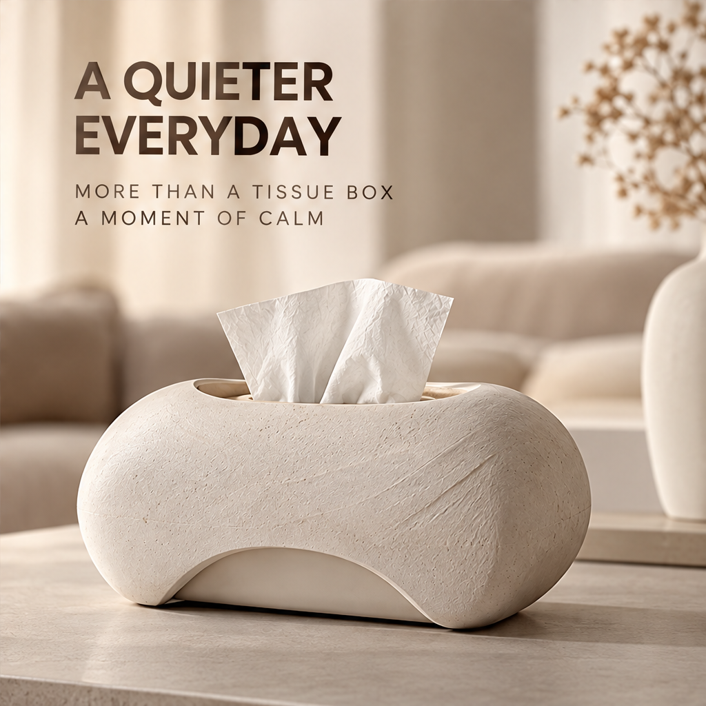 Textured tissue box styled beside a vase in a living room beneath A Quieter Everyday.