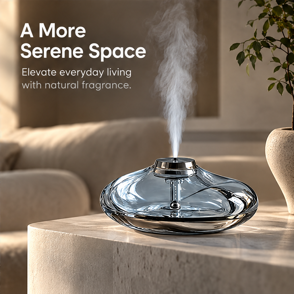 Aroma diffuser styled on a living room table beneath the headline A More Serene Space.