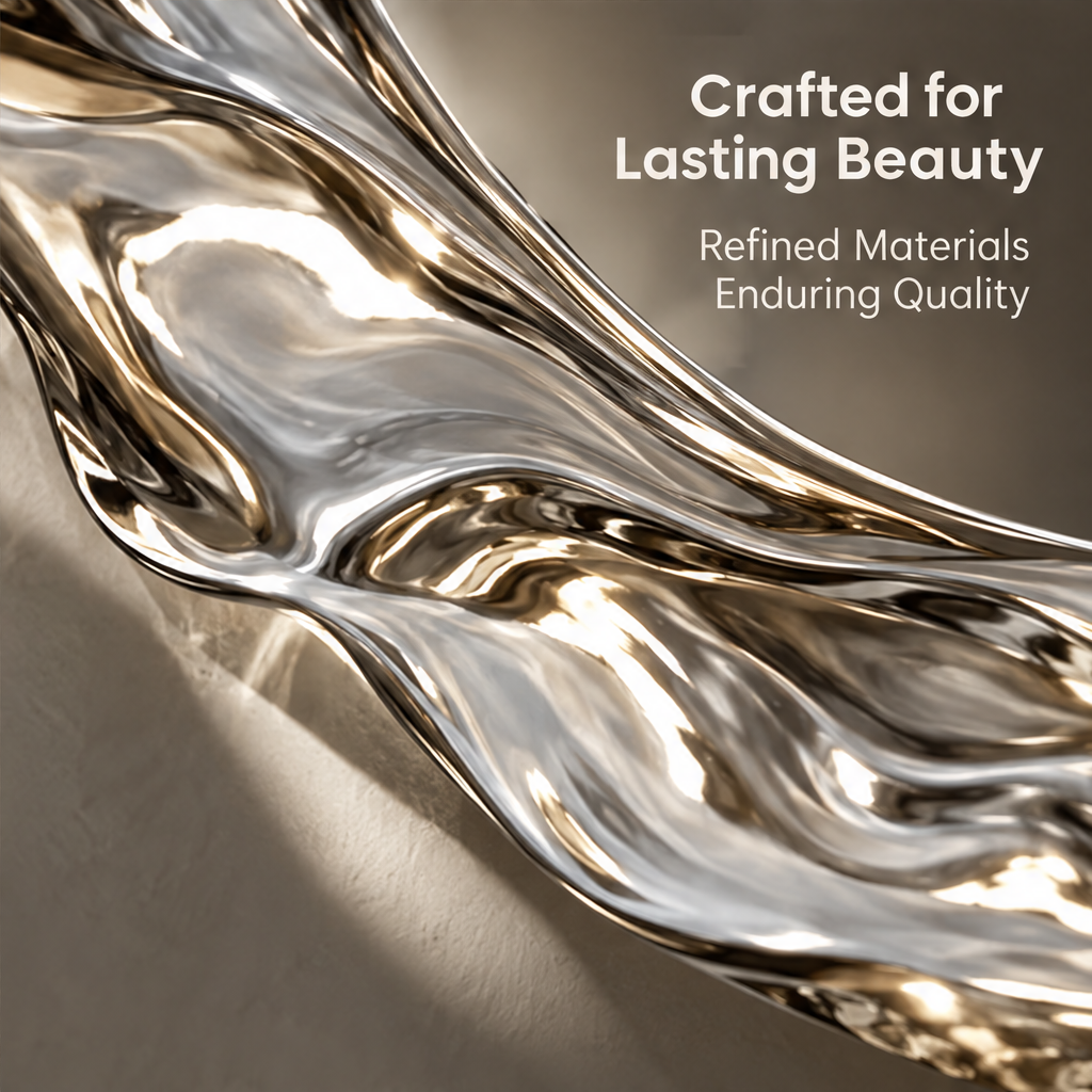 Close-up of the mirror's rippling reflective frame beneath Crafted for Lasting Beauty.