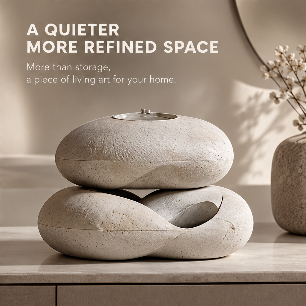 Sculptural storage box styled on a console beside a vase beneath A Quieter More Refined Space.