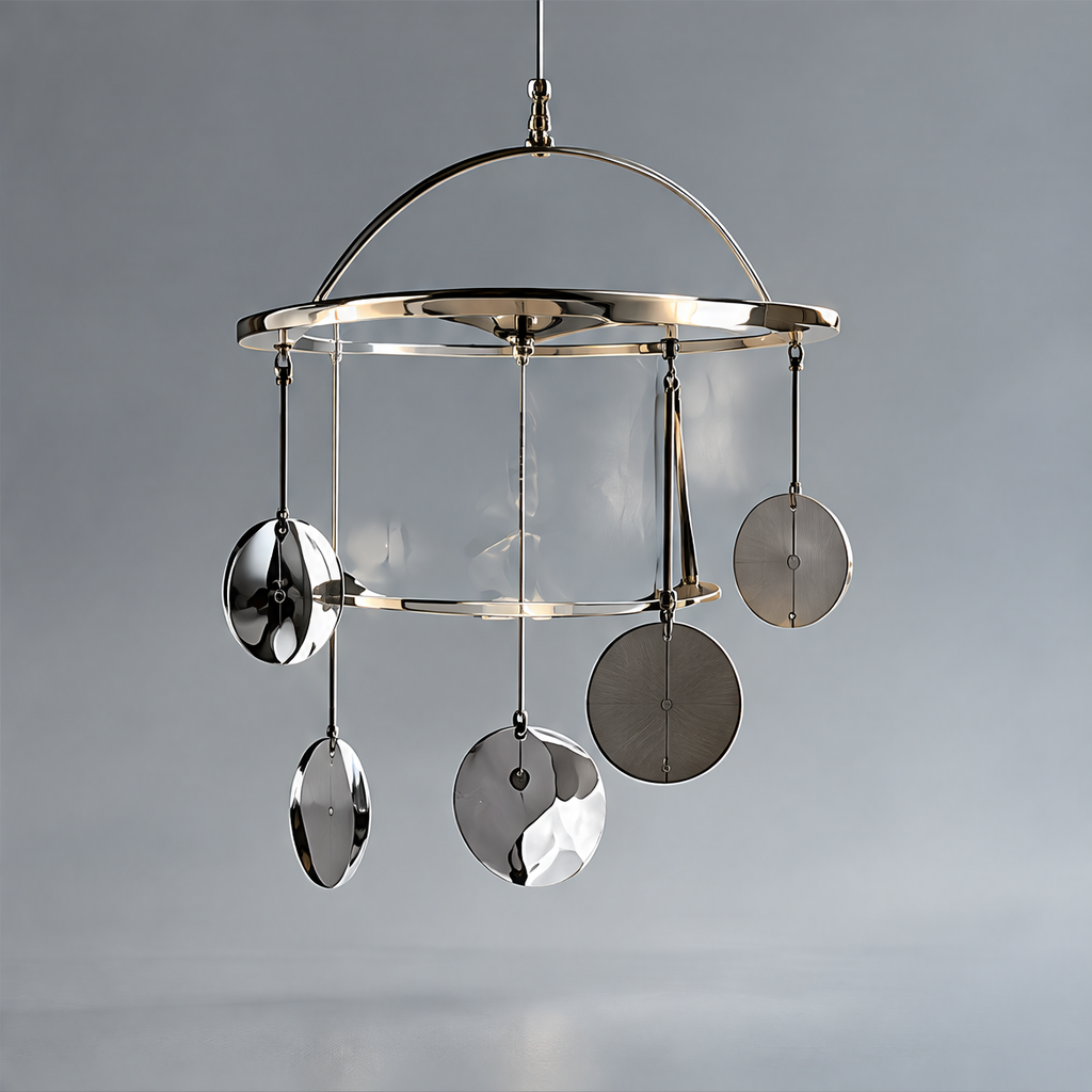 TRENDOI hanging mobile with circular frames and reflective suspended discs against a plain gray background.
