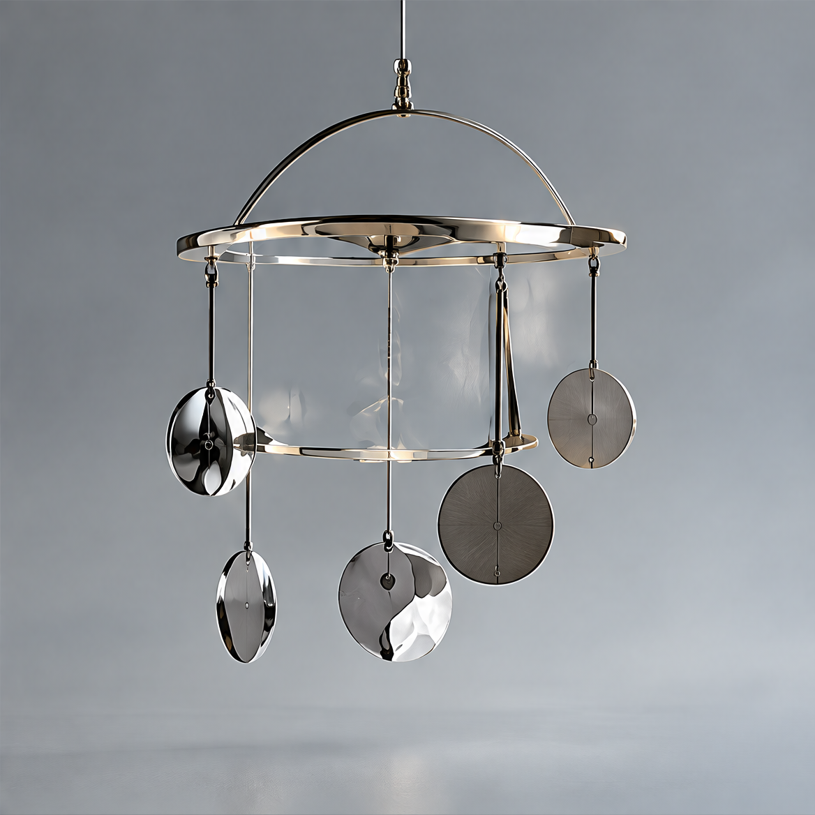 TRENDOI hanging mobile with circular frames and reflective suspended discs against a plain gray background.