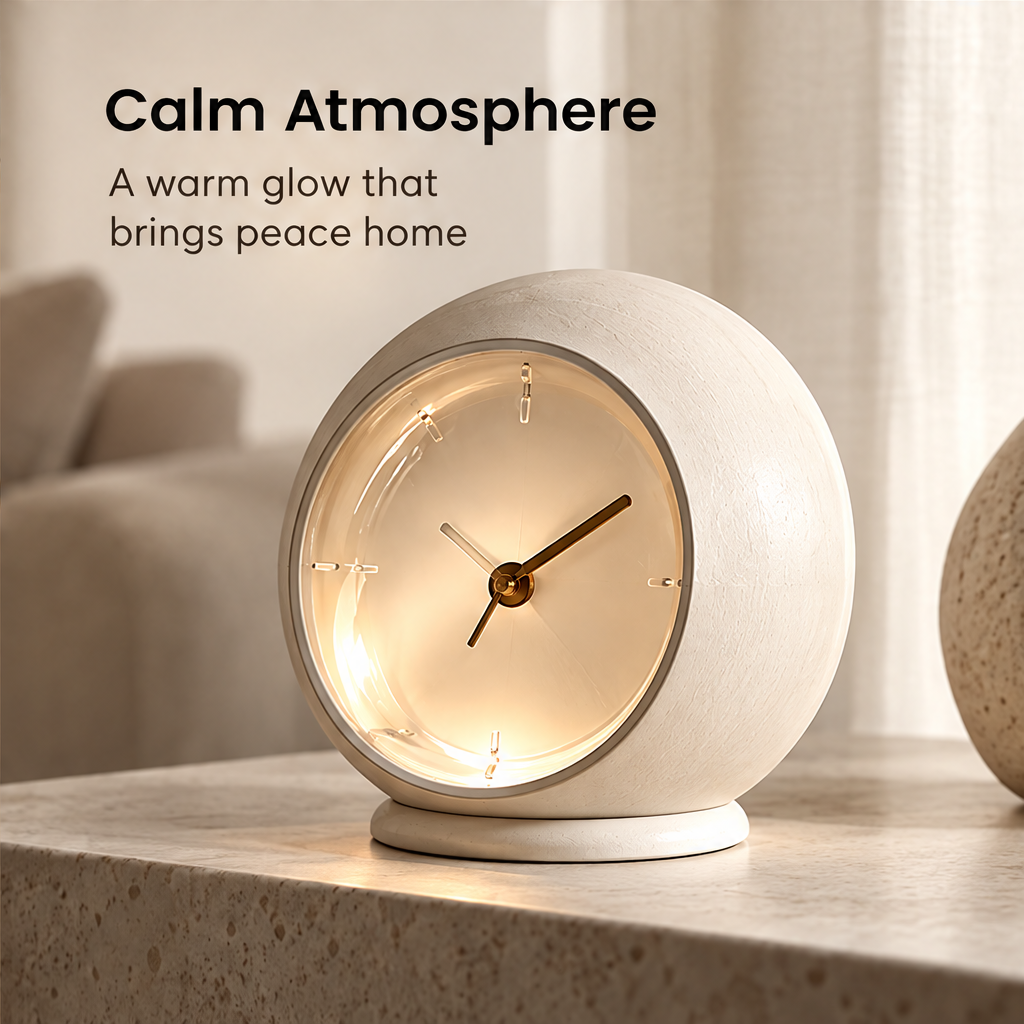 Warmly illuminated table clock styled on a living room console beneath Calm Atmosphere.