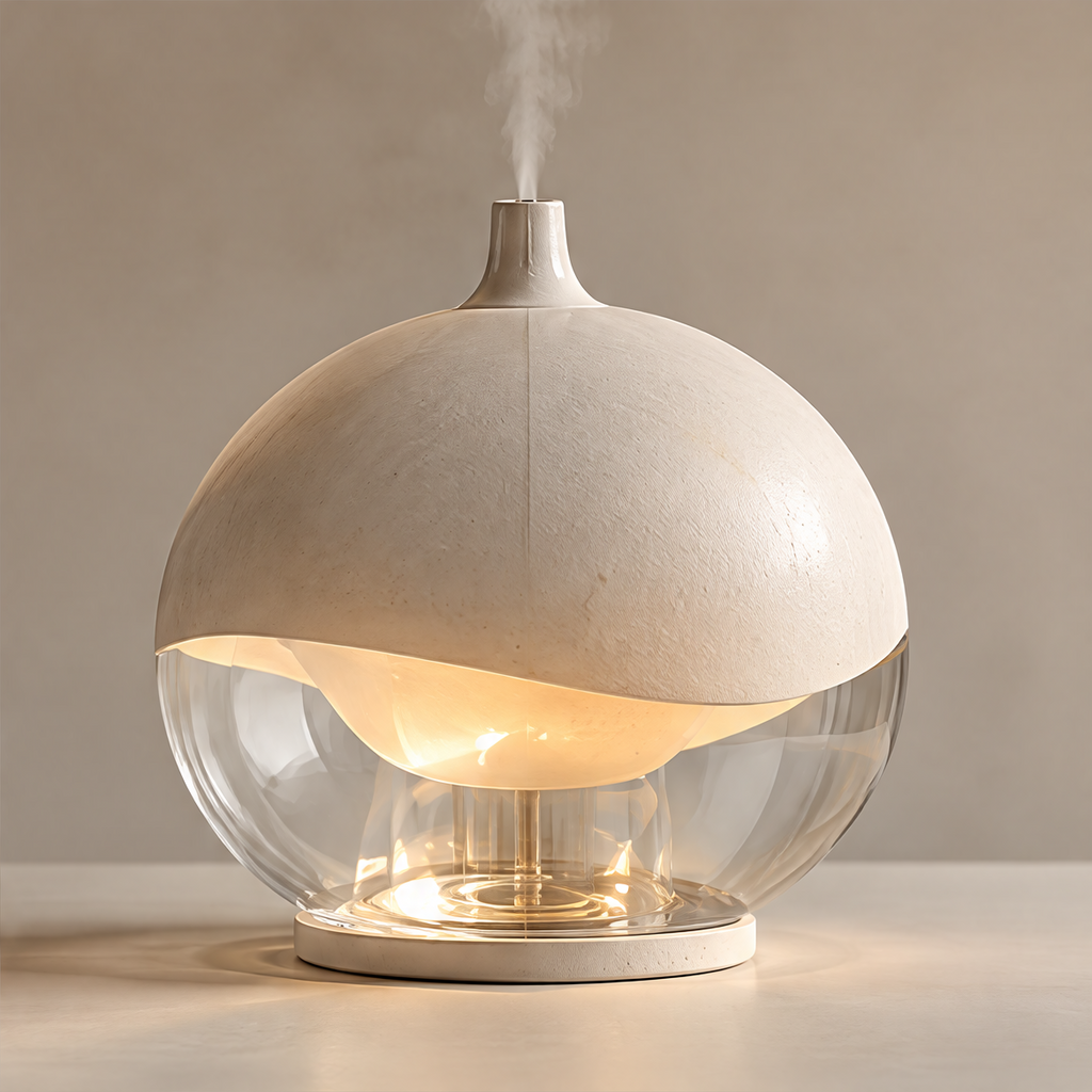 Rounded humidifier with an off-white dome, transparent lower body, warm internal light and mist on a plain background.