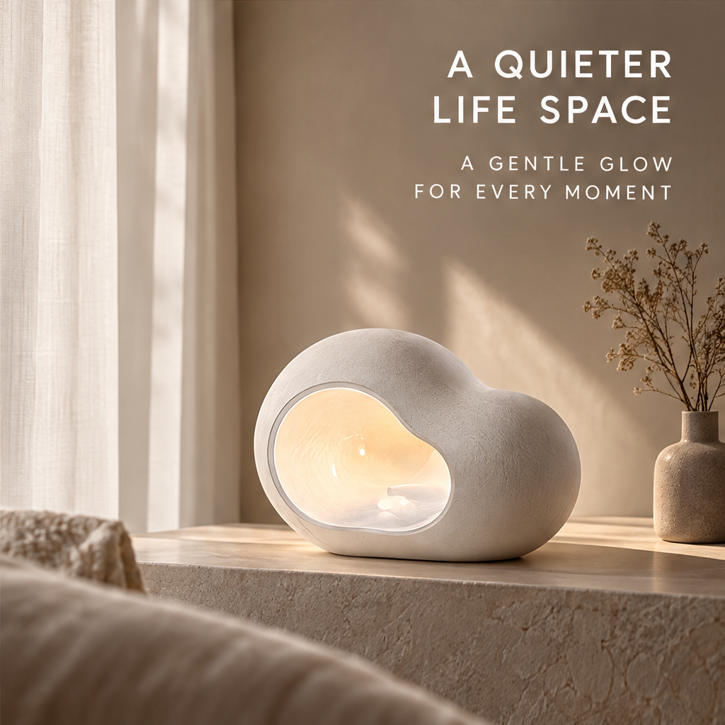 Cloud-shaped lamp styled beside a vase near a window beneath A Quieter Life Space.