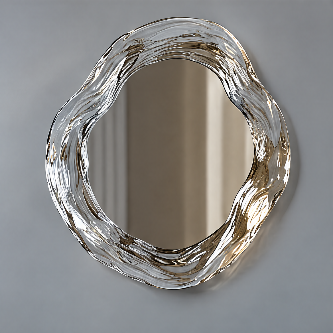TRENDOI wall mirror with an irregular rounded outline and reflective silver-tone sculptural frame on gray.
