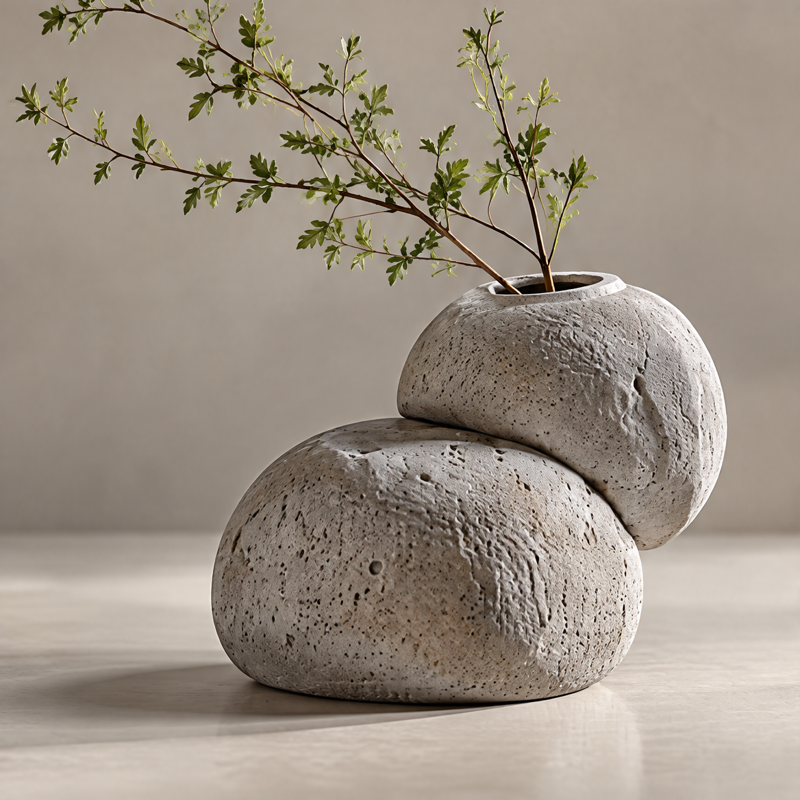 Off-white sculptural vase with two stacked pebble-like forms, a pitted texture and leafy stems on a plain background.