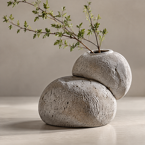 Off-white sculptural vase with two stacked pebble-like forms, a pitted texture and leafy stems on a plain background.
