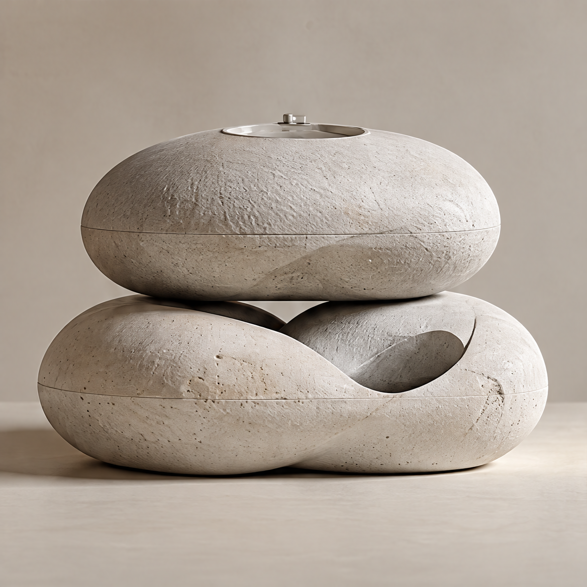 Off-white sculptural storage box with rounded cloud-like forms, stone-like texture and a silver-tone top detail on gray.