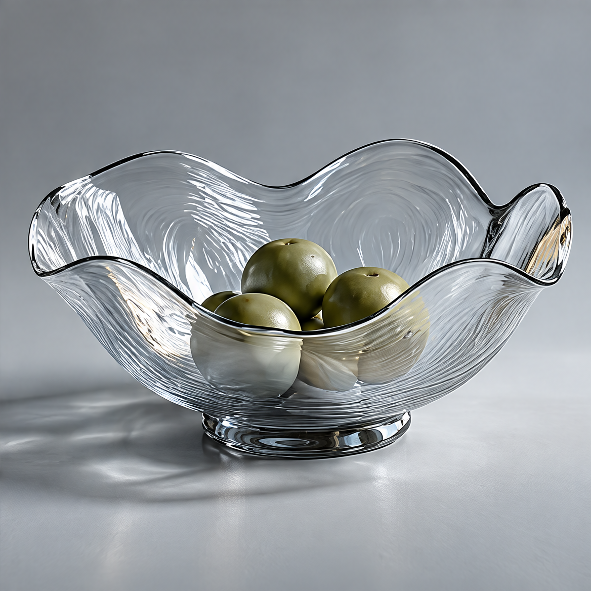 Clear rippled glass bowl with a wave-shaped rim and round foot, holding green fruit against a gray background.