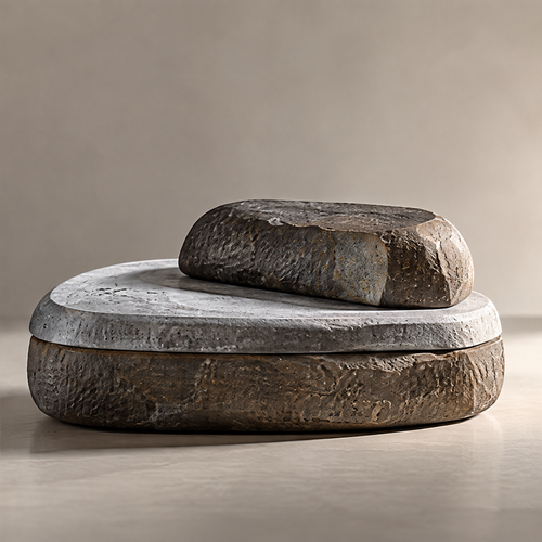 Layered sculptural display tray with a brown textured base, pale gray top and smaller brown form on a plain background.