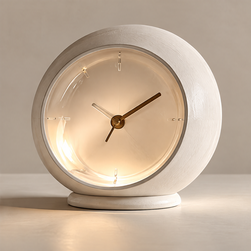 Off-white rounded table clock with a warm illuminated dial, gold-tone hands and oval base on a plain background.